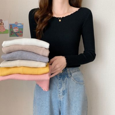 La Belleza圓領木耳邊荷葉滾邊針織打底純色內搭彈性上衣