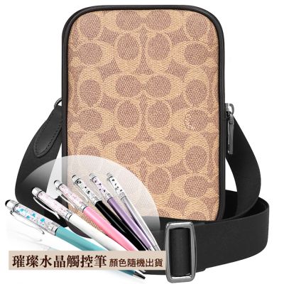 COACH 咖啡色大C PVC小型斜背包+璀璨水晶觸控筆