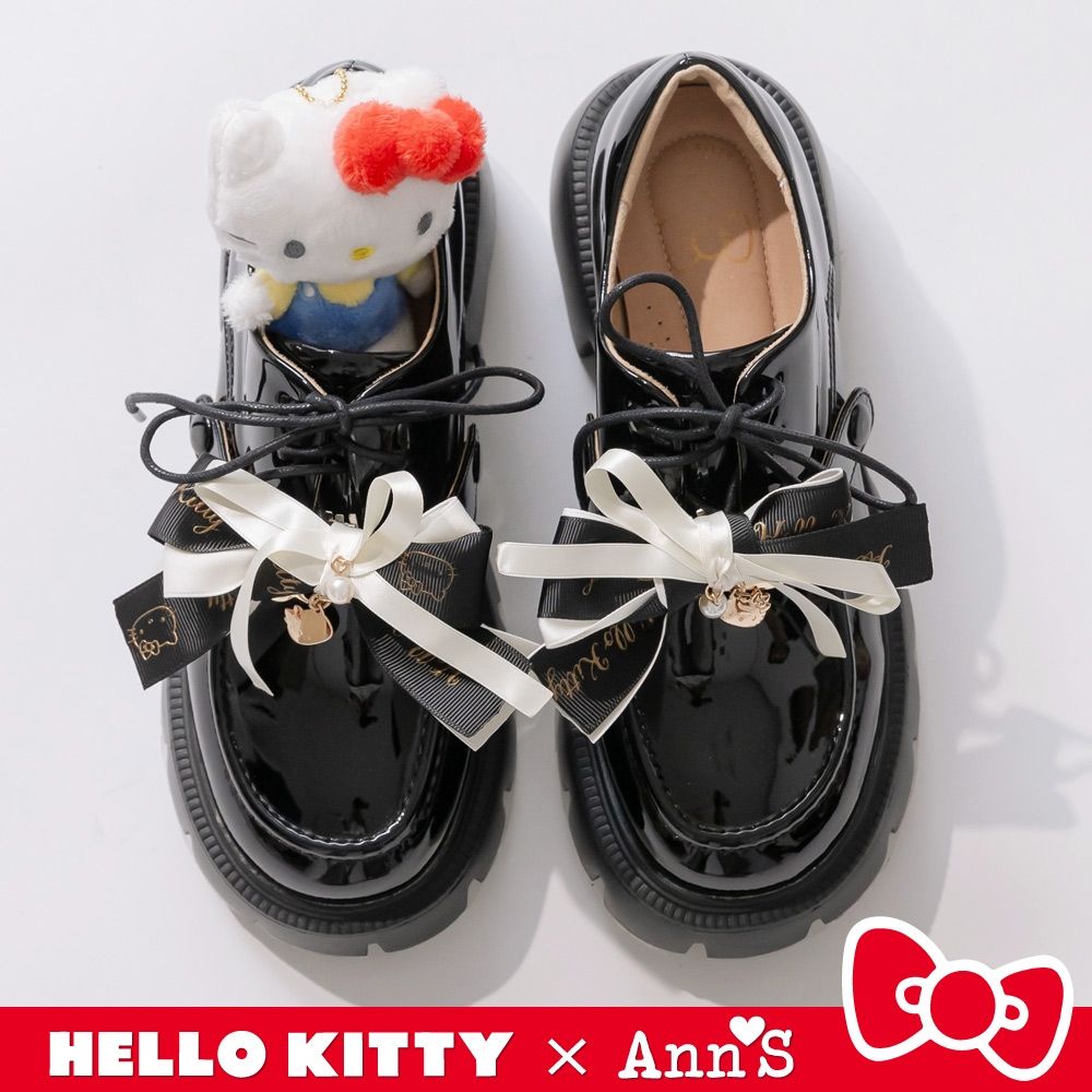 Ann’S X Sanrio三麗鷗 HELLO KITTY 聯名 三穿可拆蝴蝶結綁帶厚底樂福鞋 (附兩種帶子) 6cm-黑(版型偏小)