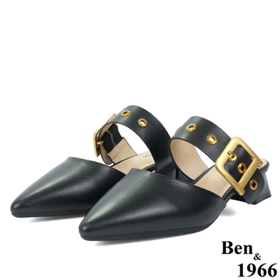 Ben&1966高級頭層牛皮氣質尖頭低跟穆勒拖-黑(236451)