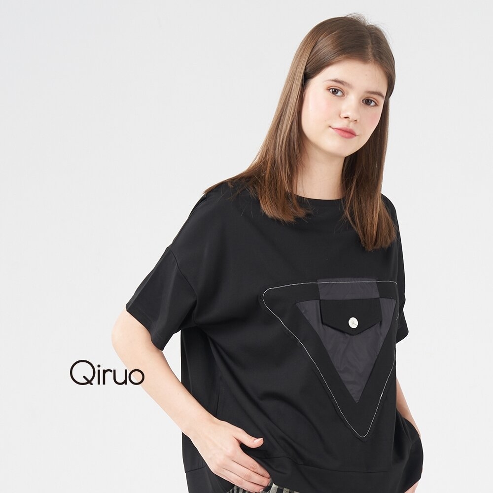 Qiruo 奇若春夏專櫃黑色短袖上衣2016A 時尚倒三角形