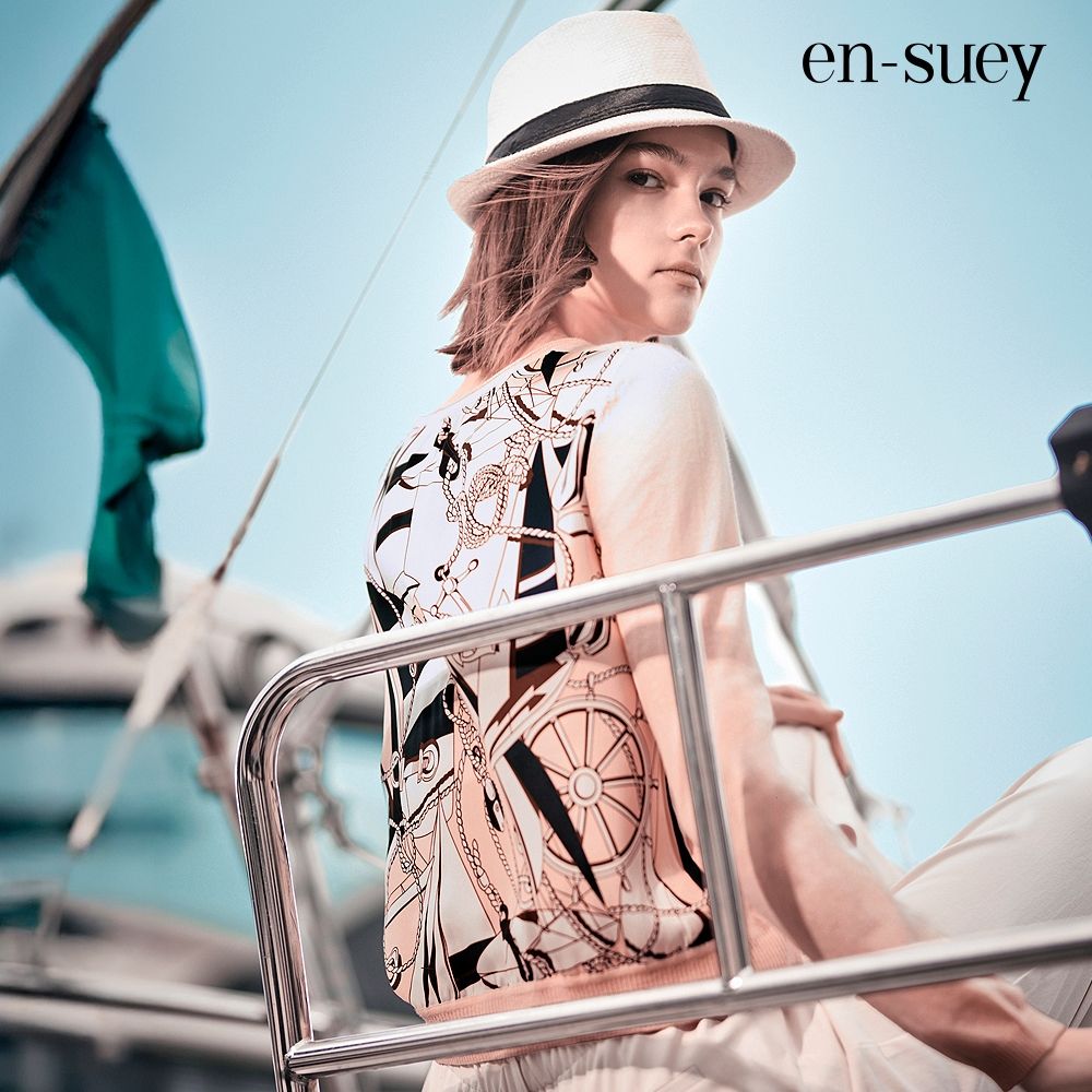 【en-suey 銀穗】前開襟海洋風印花線衫 (粉色)