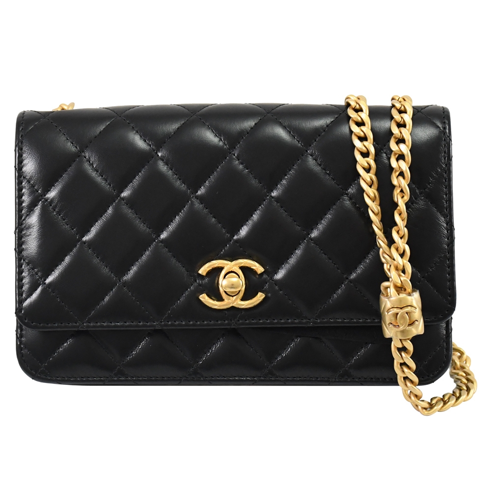 CHANEL 專櫃新款菱格調節釦小羊皮肩/斜背WOC鍊包/金球包(黑/金) | 斜背包/鍊帶包| Yahoo購物中心