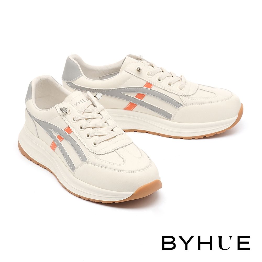 休閒鞋 BYHUE 舒適跳色線條全真皮彈力鞋帶軟芯Q底厚底休閒鞋－黃