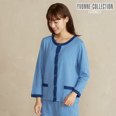 YVONNE 以旺傢飾 條紋提花長袖開襟衫-寧靜藍