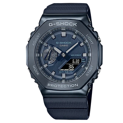 G-SHOCK CASIO 卡西歐 軍事風格 八角金屬 雙顯 防水 橡膠手錶-藍色/45mm