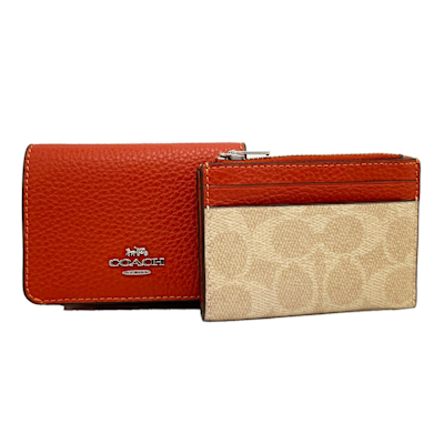 COACH 經典LOGO拉鍊零錢袋2合一短夾(橘/卡其)