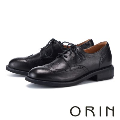 ORIN 抓水洗牛皮雕花綁帶牛津鞋 黑色