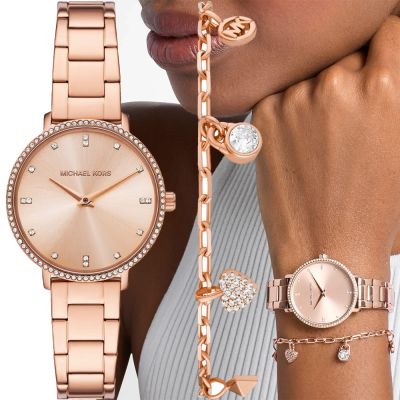 Michael Kors MK Pyper 紐約時尚晶鑽手鍊耳環套錶 女錶 周年慶獻禮 送禮推薦-玫瑰金/32mm MK7645SET