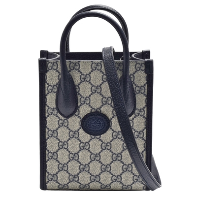 GUCCI 經典GG Supreme帆布直立手提/斜背包(迷你-深藍色)