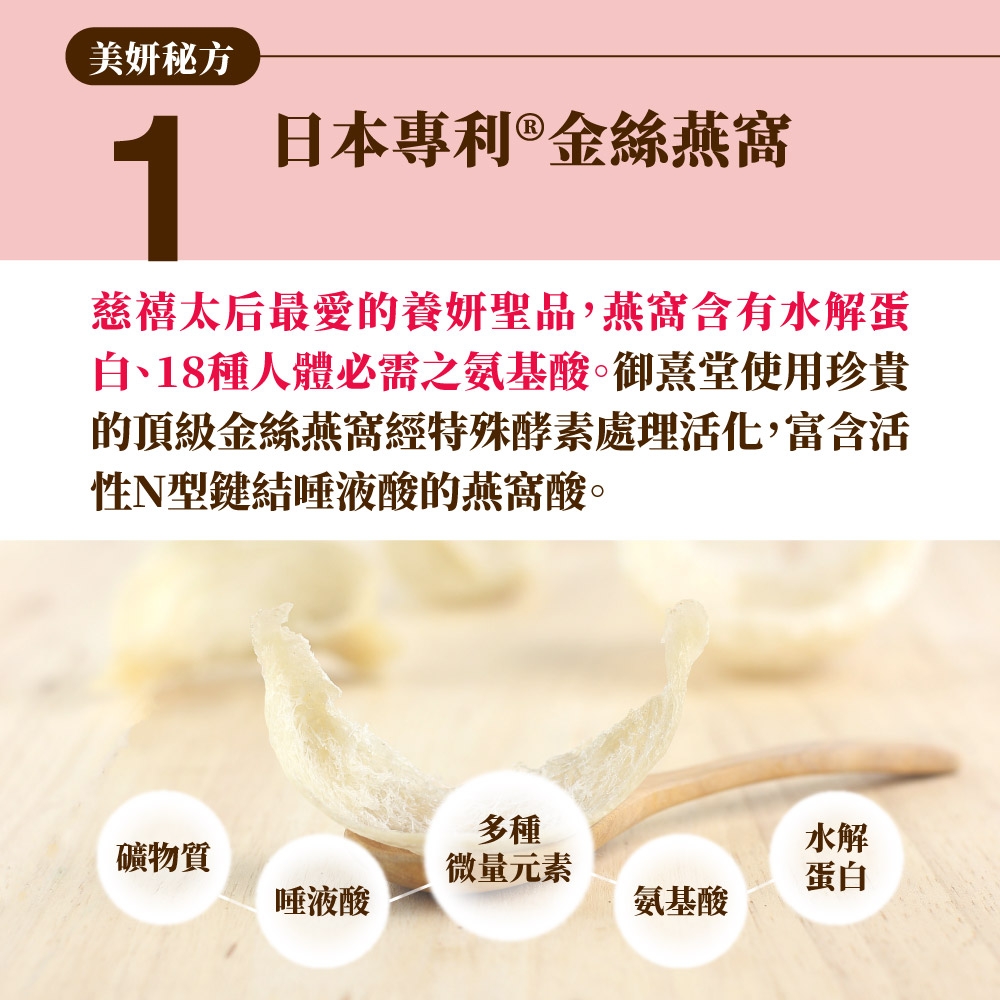 美妍秘方1日本專利金絲燕窩慈禧太后最愛的養妍聖品,燕窩含有水解蛋白、18種人體必需之氨基酸御熹堂使用珍貴的頂級金絲燕窩經特殊酵素處理活化,富含活性N型鍵結唾液酸的燕窩酸。多種水解礦物質微量元素蛋白唾液酸氨基酸