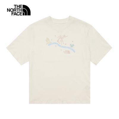 【The North Face 官方旗艦】北面女款米白色純棉舒適透氣胸前可愛手繪印花短袖T恤｜8ASQQLI