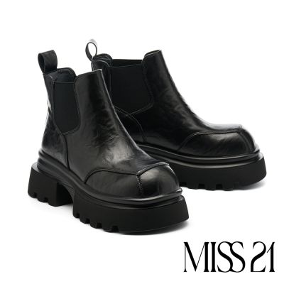 短靴 MISS 21 復古率性異材質切爾西大頭厚底短靴-黑