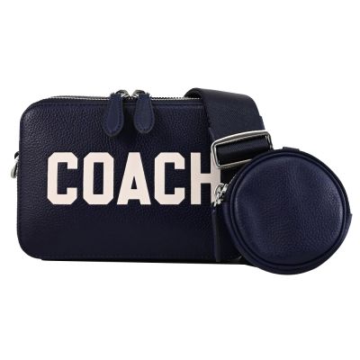 COACH CHARTER 品牌LOGO荔枝皮革雙層拉鍊斜背包(深藍 附零錢袋)