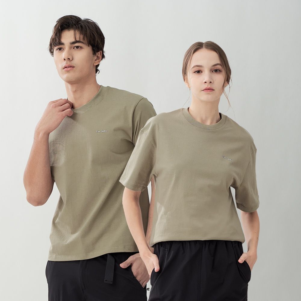 pierre cardin 皮爾卡登 男女同款 厚磅寬版落肩純棉素色圓領短袖T恤(多色任選) (灰色系)