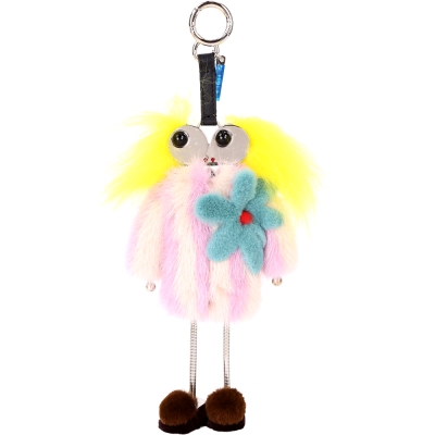 FENDI 芬迪 Witches Charm 多彩拼接皮草毛怪女巫吊飾(黃x粉白)