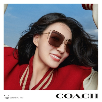 COACH 2025新年限定款 簍空方框太陽眼鏡 徐璐配戴款/亮金 粉紫鏡片#HC7174D 94417N-59mm