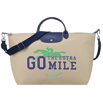 LONGCHAMP LE PLIAGE系列奔馬棉質防水斜紋布兩用旅行袋(大/米)
