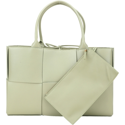 BOTTEGA VENETA 寶緹嘉 BV Arco 中款 寬編織小羊皮手提托特包(附萬用包/灰綠色)