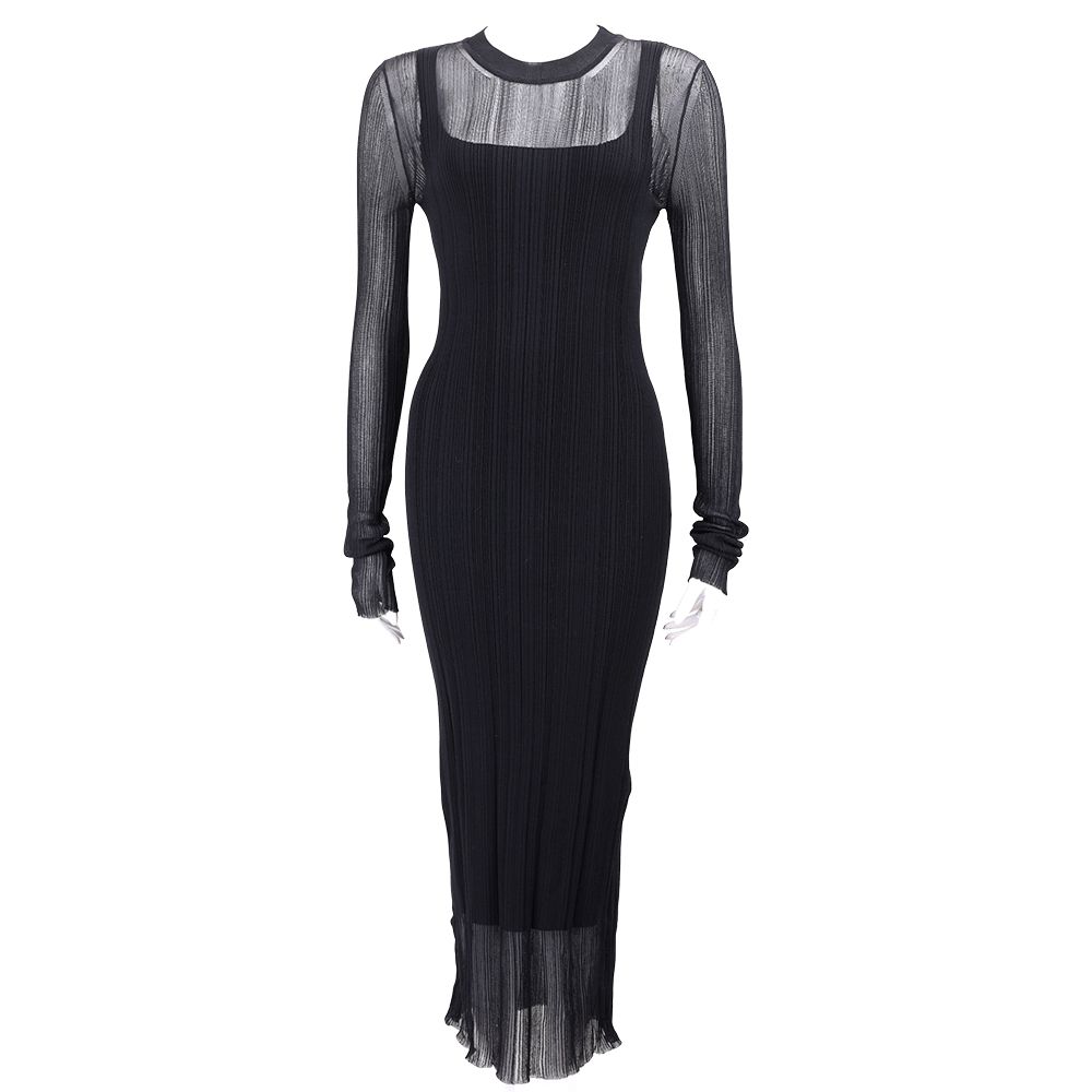 Max Mara-SPORTMAX SPXCARO 假2件 微透膚圓領 黑色羅紋長袖洋裝 連身裙