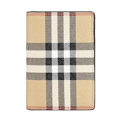 BURBERRY Bateman DFC內燙銀LOGO英倫格紋PVC 4卡對折卡夾(典藏米x內裡黑)