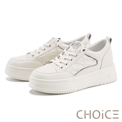 CHOiCE 趣味壓紋印花真皮免綁帶厚底休閒鞋 白色