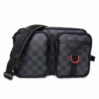 LOUIS VUITTON路易威登 LV N40280 UTILITY棋盤格LOGO Damier Graphite帆布男士拉鍊斜背郵差包(黑灰)
