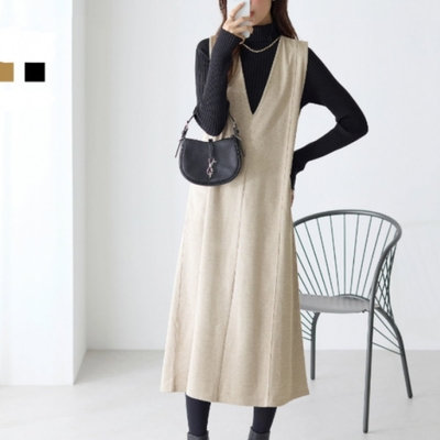 MOCO日版外單素色無袖連身裙大V領毛呢加厚深V高腰背心裙洋裝M~XL