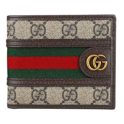 GUCCI Ophidia GG綠紅織帶滿版印花雙G標誌塗層帆布皮革邊飾對折短夾(米/烏木)