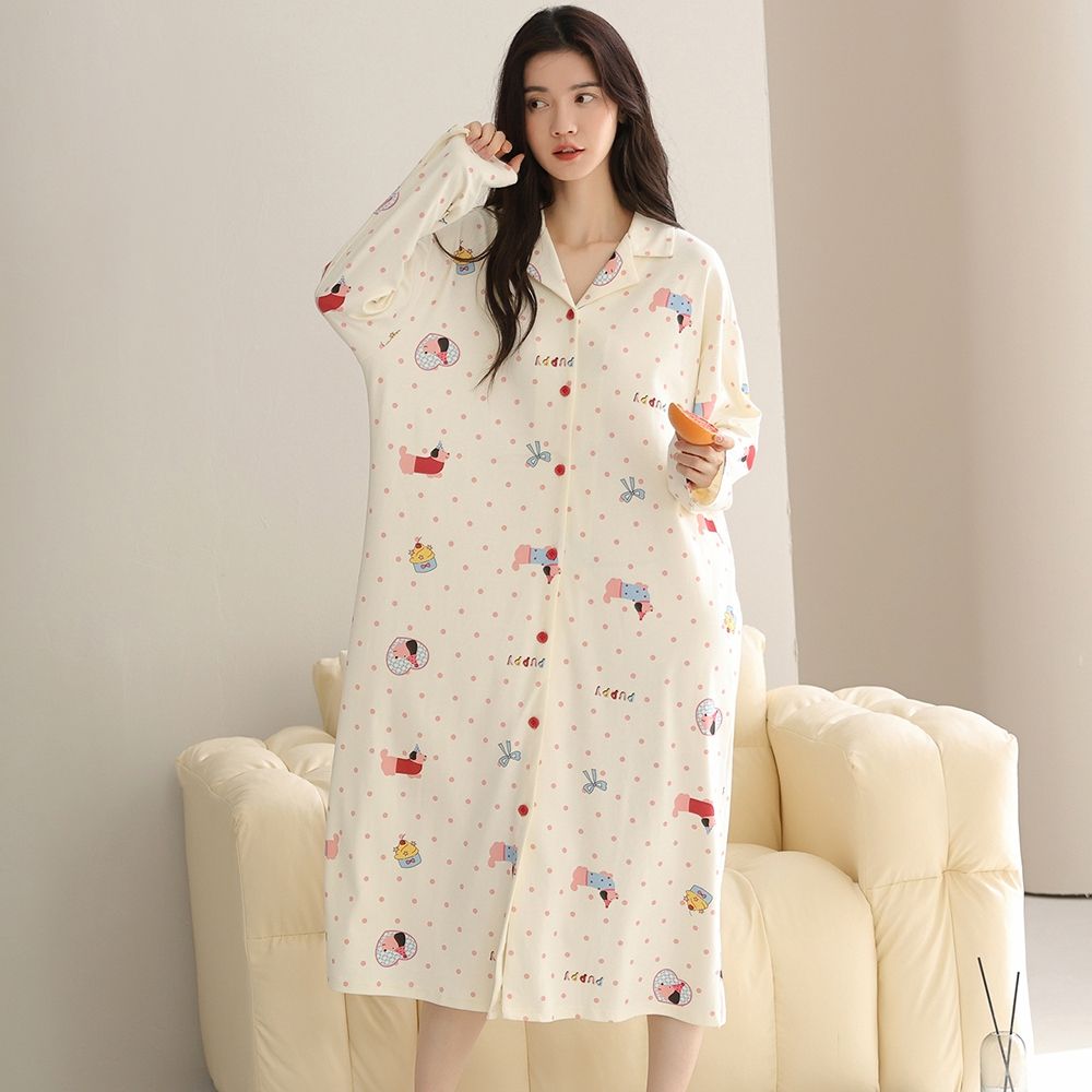 【藍尼居家】現+預 翻領開衫式居家睡衣(女睡衣/家居服/連身睡裙) (B款)