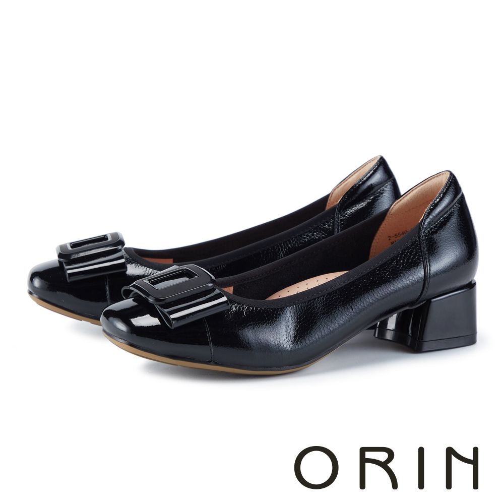 ORIN 壓紋牛皮方頭蝴蝶結粗跟娃娃鞋 黑色