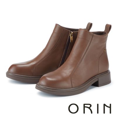 ORIN 羊皮極簡修飾粗跟短靴 棕咖
