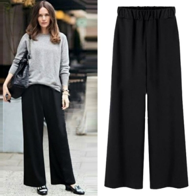 MOCO黑色鬆緊腰高腰垂墬感闊腿褲九分褲L~5XL