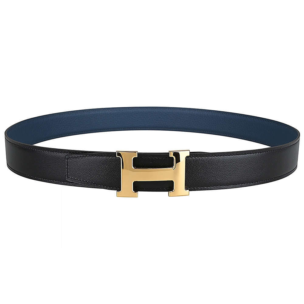 HERMES H LOGO金釦小牛皮雙面皮帶(黑x普魯士藍)