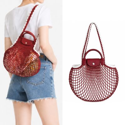 LONGCHAMP LE PLIAGE FILET系列網狀棉質鉤針手提/肩背兩用包(大/紅陶)