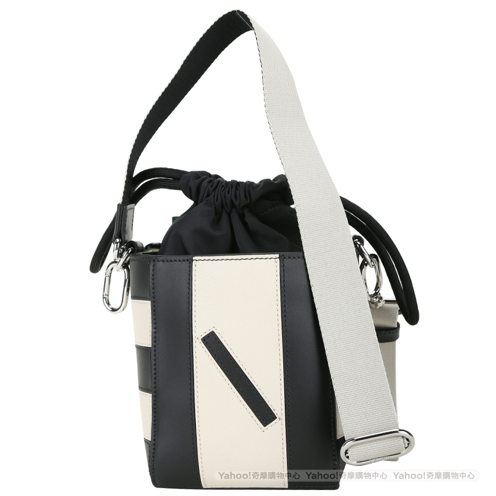 KENZO Kube Nano 幾何線條小牛皮束口斜背水桶包(米黑色) 歐系精品包