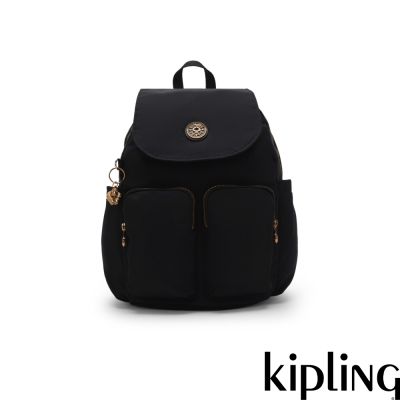 『猴子包』Kipling 墨黑金掀蓋多袋收納後背包-CITY POCKET S