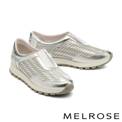 休閒鞋 MELROSE 美樂斯 日常舒適編織牛皮厚底休閒鞋－銀