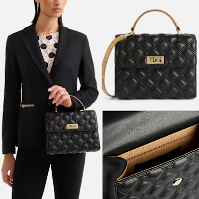 Alviero Martini 義大利地圖包 輕奢菱格紋 翻蓋手提側背包24cm-黑色