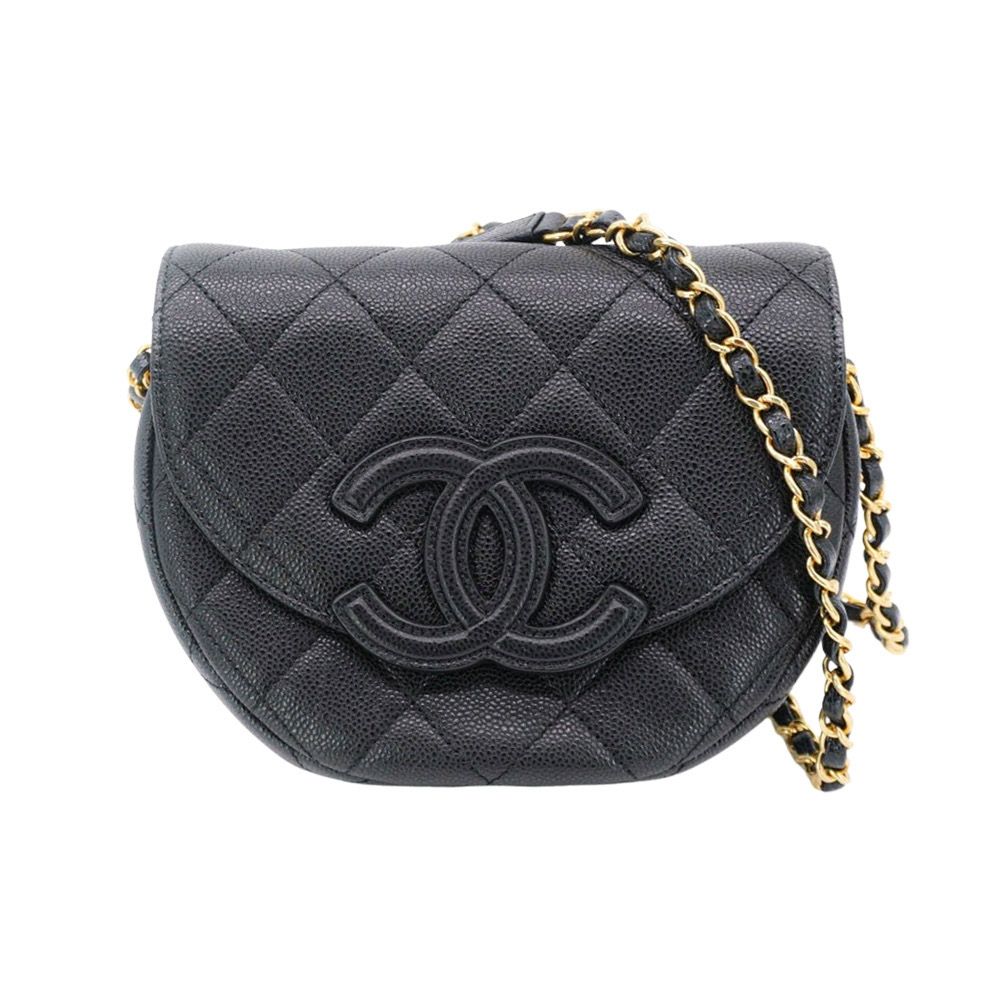 二手品 Chanel 香奈兒 黑雙C菱格粒紋牛皮金鍊馬鞍包(AS3867-黑)