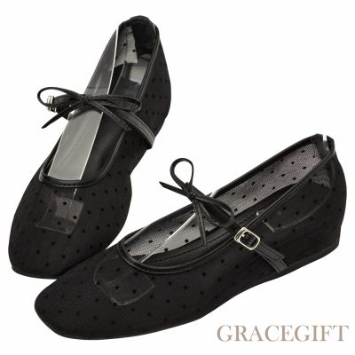 【Grace Gift】日系水玉蝴蝶結網紗內增高瑪莉珍鞋 黑