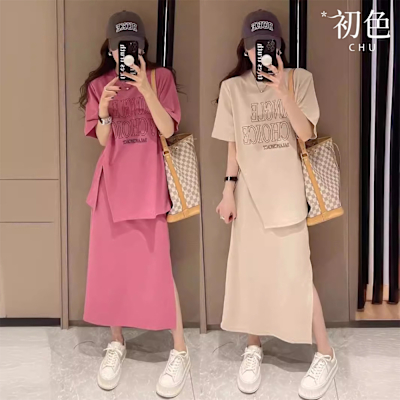 初色 休閒運動風字母印花圓領短袖五分袖T恤女上衣+純色下擺開衩半身裙套裝-共3色-11220(M-4XL可選/現貨+預購)