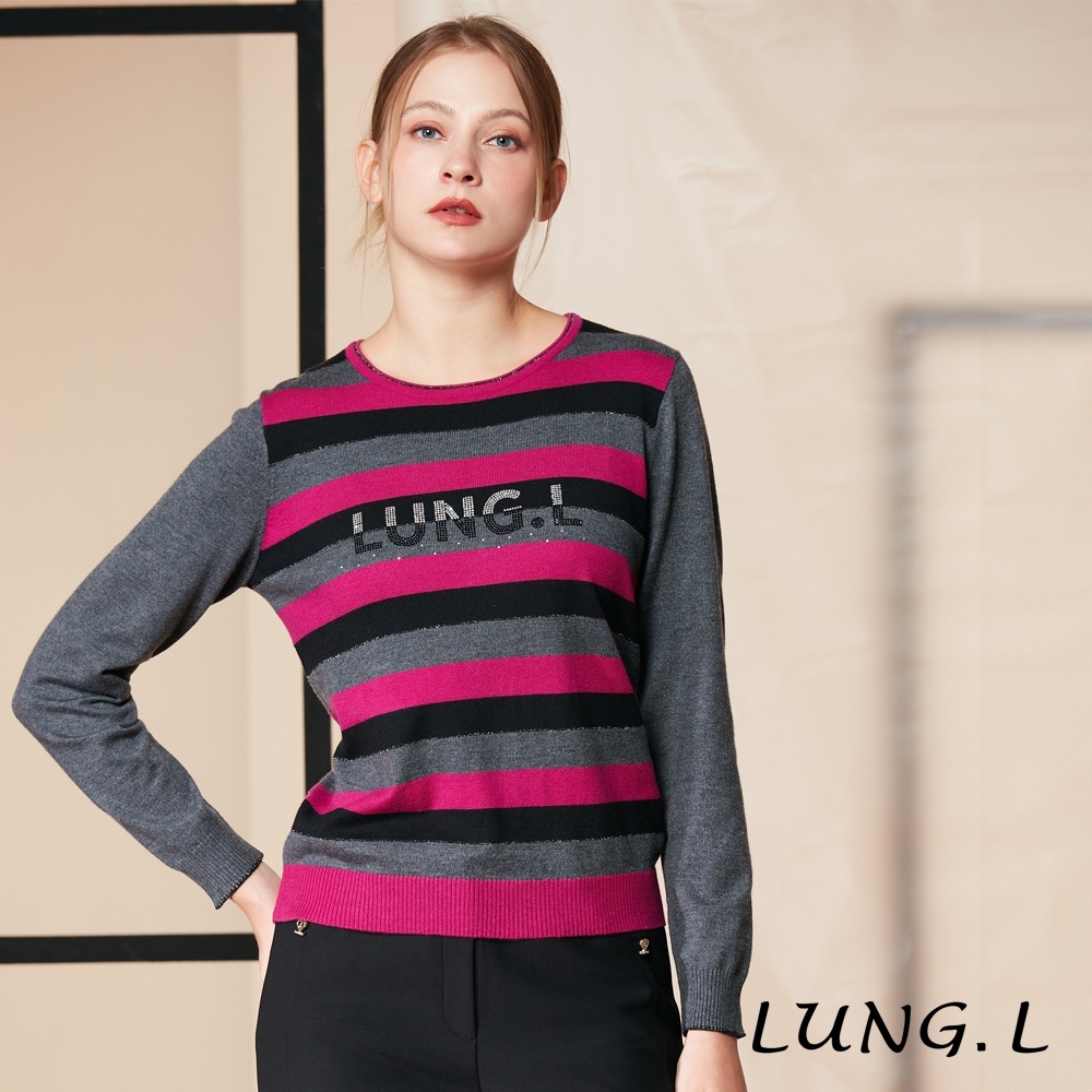 LUNG.L林佳樺 桃紅色條紋前片LOGO燙鑽長袖女裝毛衣L840A