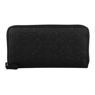 COACH 滿版壓印C LOGO皮革ㄇ型拉鍊長夾(素面黑)