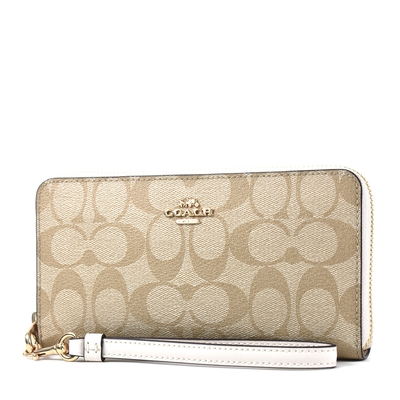 COACH 緹花LOGO防刮皮革手掛式拉鍊長夾-白色