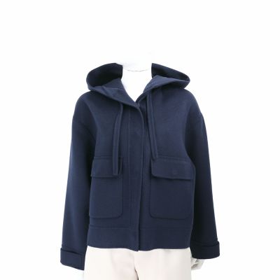 MAX MARA-WEEKEND GARY 翻蓋口袋 深藍色雙面羊毛連帽外套