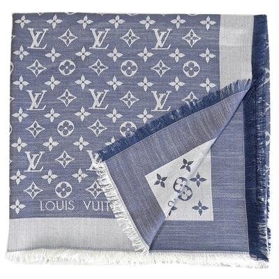 LOUIS VUITTON路易威登 LV M71376 Monogram Denim 經典花紋羊毛絲綢披肩圍巾.藍