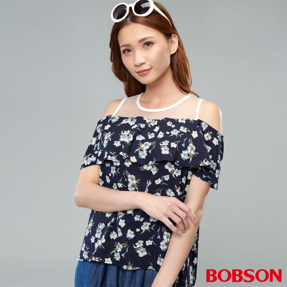 BOBSON 女款荷葉拼接裸肩上衣(70090-53)