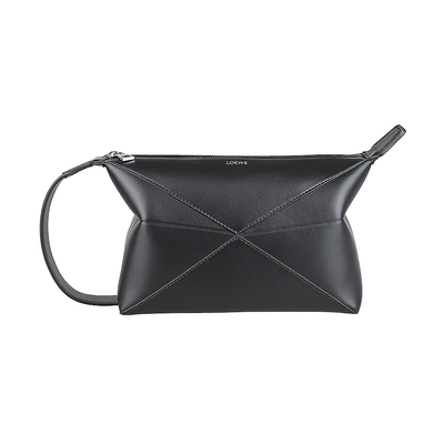 LOEWE Puzzle Fold印花銀字LOGO小牛皮幾何圖形摺疊設計拉鍊手拿盥洗包(黑)