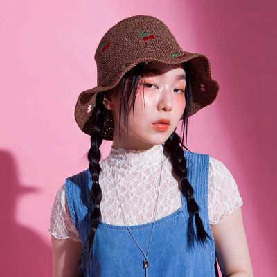 HAPPYFACE 櫻桃刺繡草編漁夫帽 復古棕 (G33233)